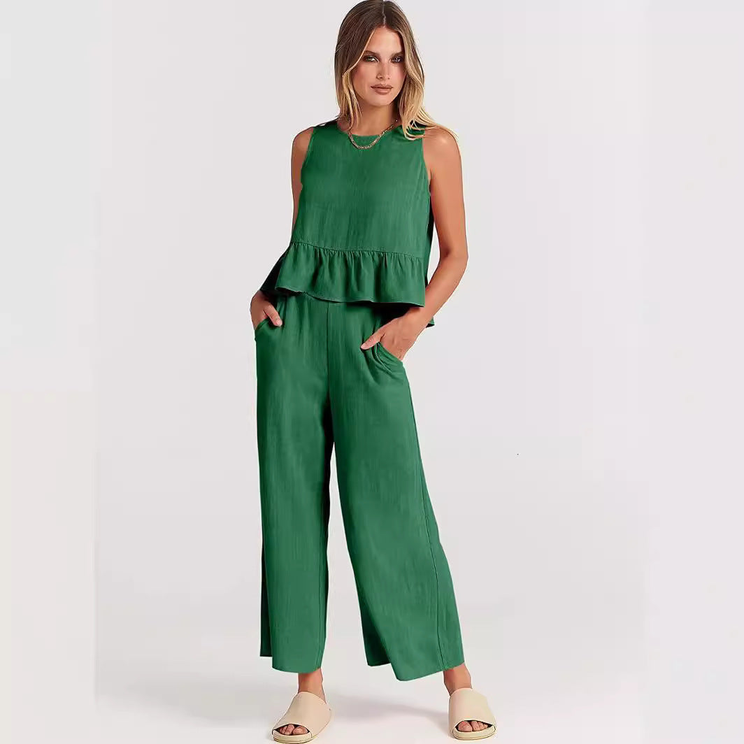 Damen Zweiteiler-Set mit schickem Peplum-Oberteil und weit geschnittenen Hosen R&B