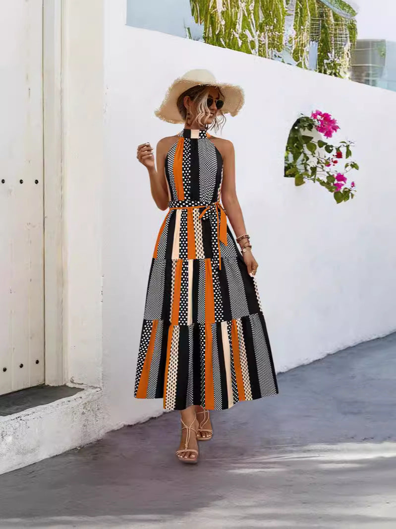Damen Maxikleid mit modernem High-Neck Design und buntem Patchwork R&B