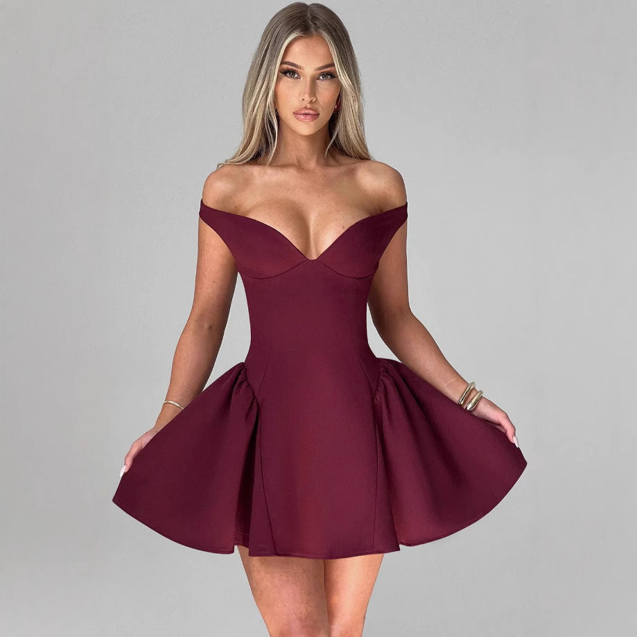 Damen Elegantes schulterfreies Cocktailkleid mit schwingendem Rock und raffinierter Drapierung R&B