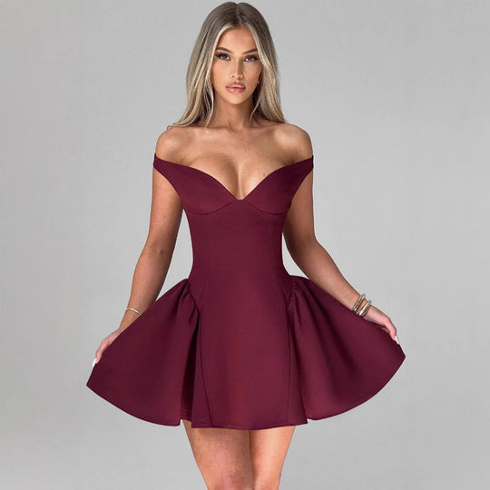 Damen Elegantes schulterfreies Cocktailkleid mit schwingendem Rock und raffinierter Drapierung R&B