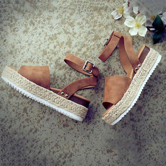 Damen Plateau-Sandalen mit verstellbarem Riemen und jute-artigem Boden R&B