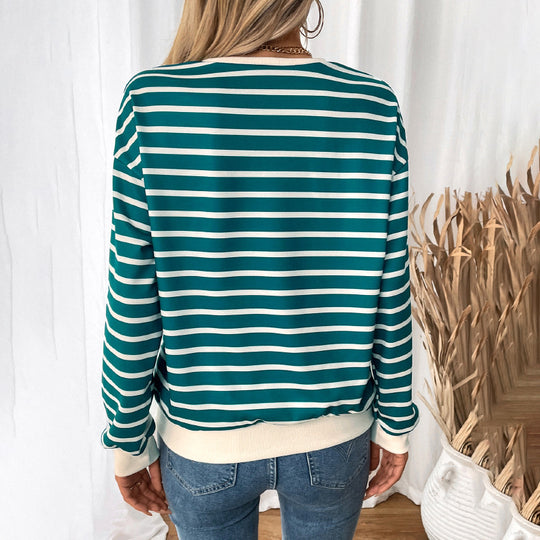 Damen Lässiger Streifenpullover mit elastischen Bündchen und Rundhalsausschnitt R&B