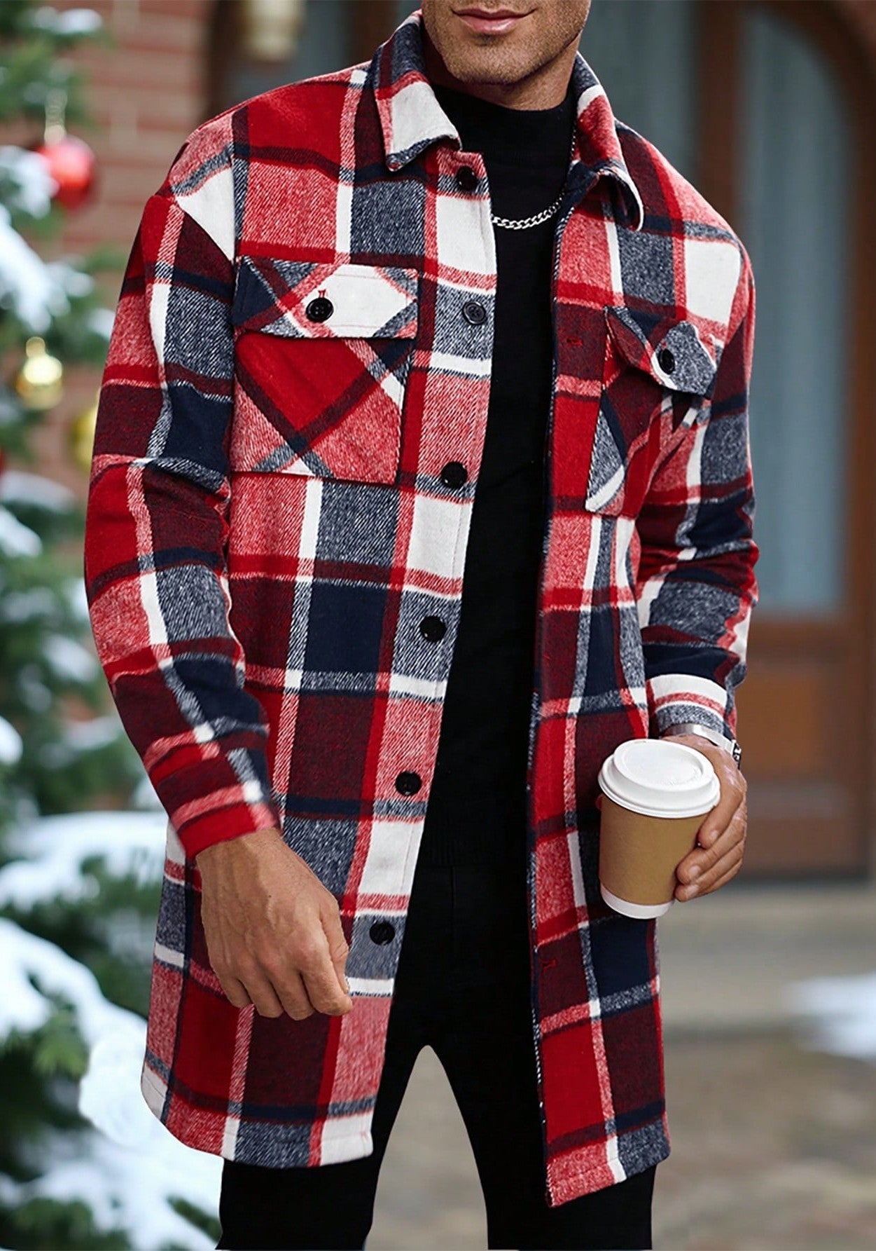 Herren karierte Flanelljacke mit knöpfbaren Taschen und modernem Schnitt