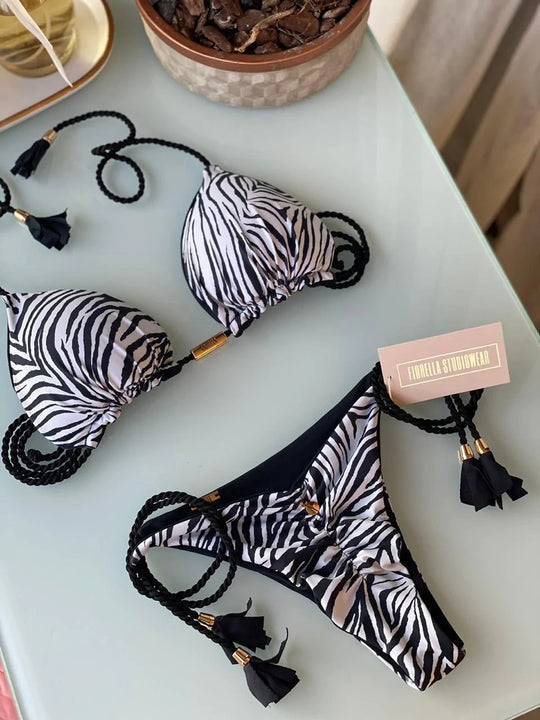 Damen Triangel-Bikini mit modischem Leopardenmuster und dekorativen Quasten R&B
