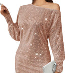 Damen Funkelndes Minikleid mit asymmetrischem Ausschnitt und Ballonärmeln R&B