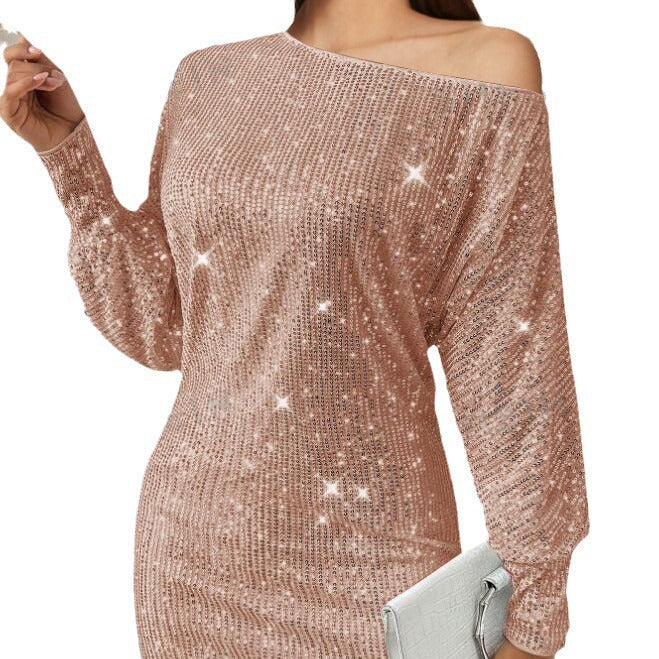 Damen Funkelndes Minikleid mit asymmetrischem Ausschnitt und Ballonärmeln R&B