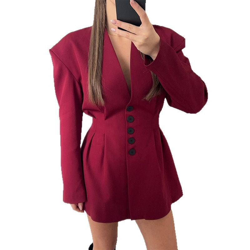 Damen trendiges Blazer-Kleid mit strukturierten Schultern und tiefem V-Ausschnitt R&B