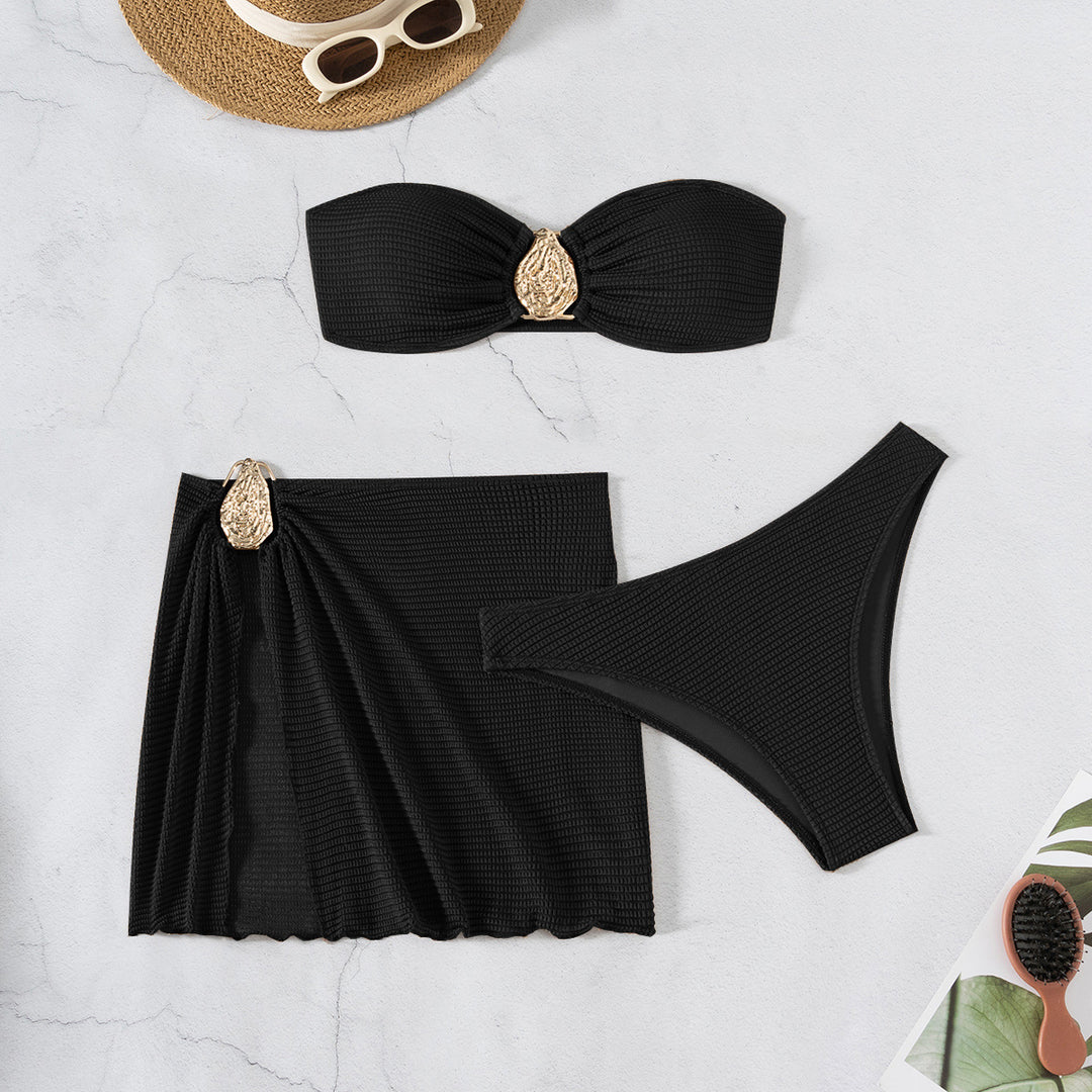 Damen Bandeau-Bikini-Set mit eleganten Falten und dekorativem Verschluss R&B