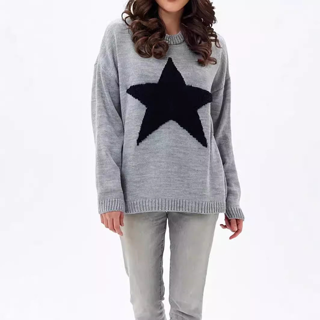 Damen Grobstrickpullover mit auffälligem Sternmotiv und lässigem Schnitt R&B