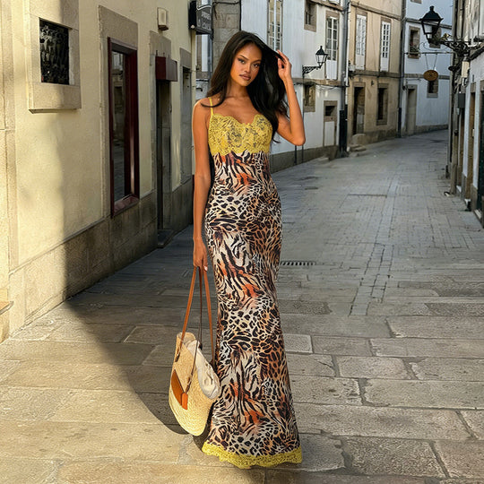 Damen Elegantes Maxikleid mit Spitzenoberteil und animalischem Print R&B