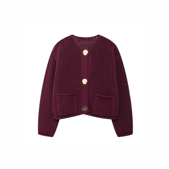 Damen luftige Strickjacke mit durchbrochenem Muster und praktischen Taschen R&B