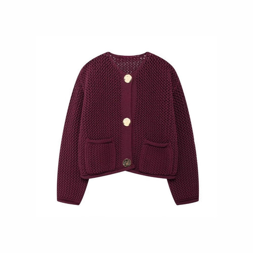 Damen luftige Strickjacke mit durchbrochenem Muster und praktischen Taschen R&B