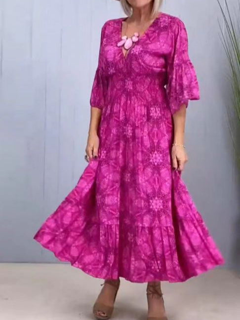Damen Maxikleid mit elegantem V-Ausschnitt und schwingendem Rock Heidi-Mode
