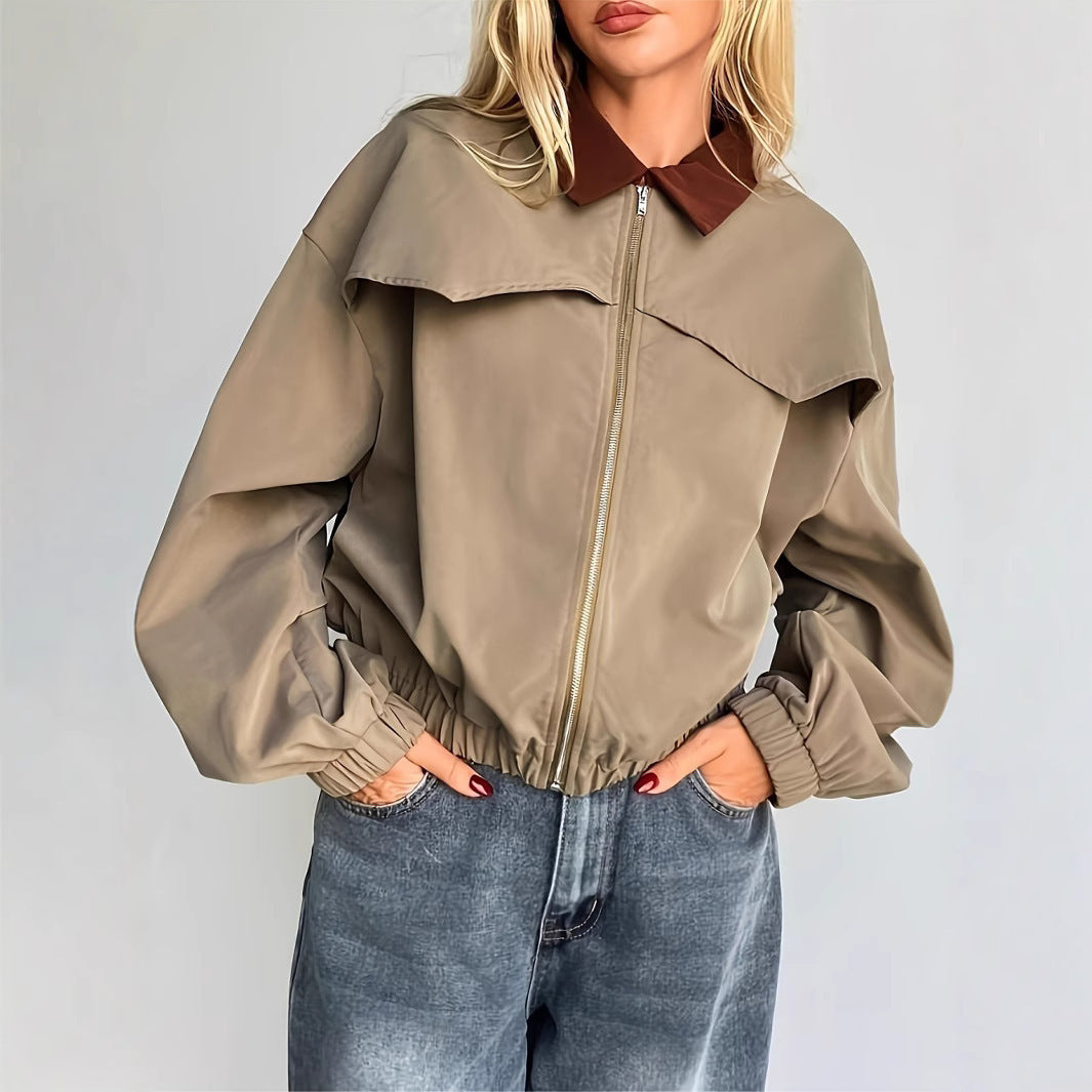 Damen Lässige Cropjacke mit weit geschnittenen Ärmeln und kontrastierendem Kragen R&B