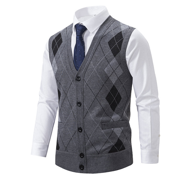 Herren elegante Strickweste mit modernem Rautenmuster und praktischen Taschen R&B