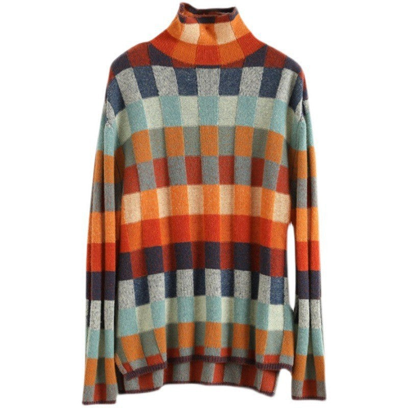 Damen Strickpullover mit modernem Karomuster und hohem Kragen R&B