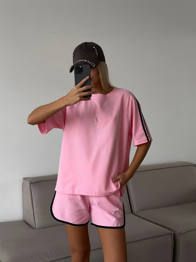 Damen lässiges Kurzarm-Set aus T-Shirt und Shorts mit Kontrastnähten R&B