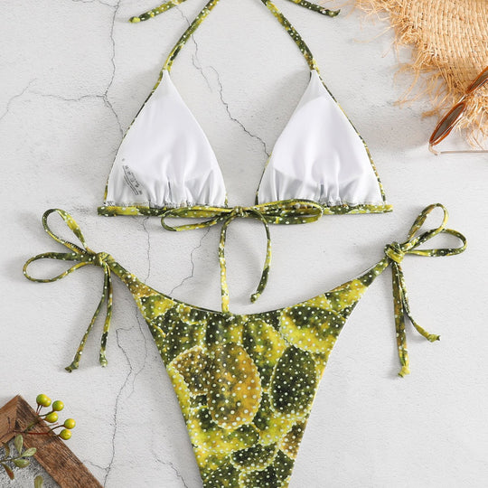Damen Triangel-Bikini mit verspieltem Muster und verstellbaren Bindebändern R&B