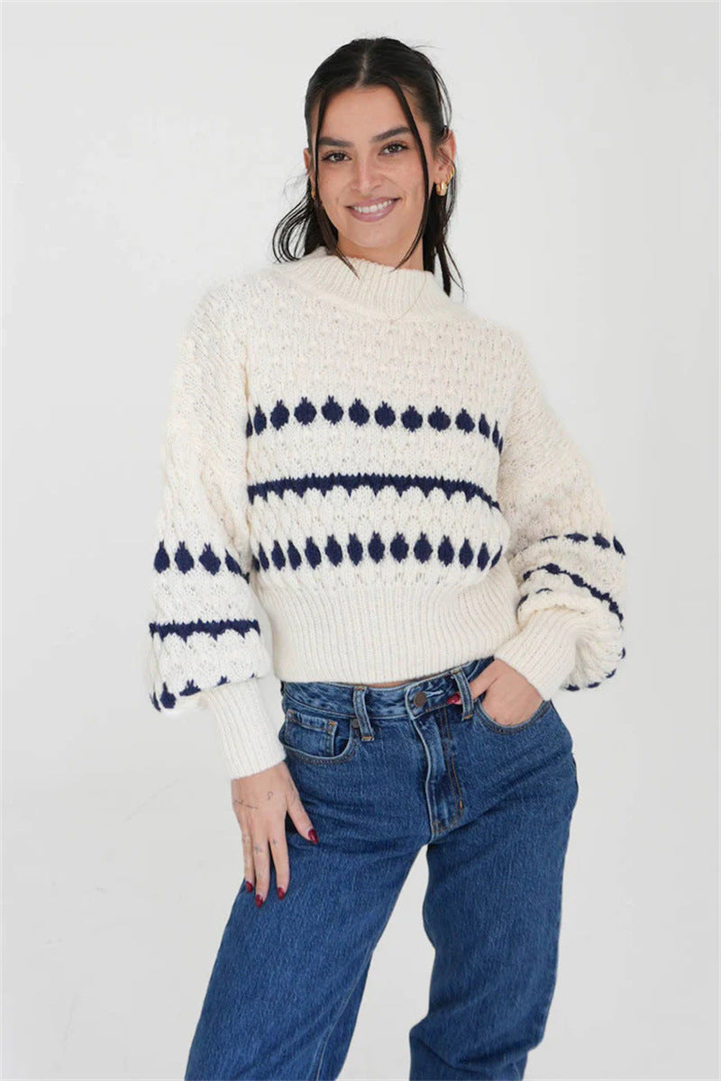 Damen Strickpullover mit modernem Zopfmuster und voluminösen Ärmeln R&B