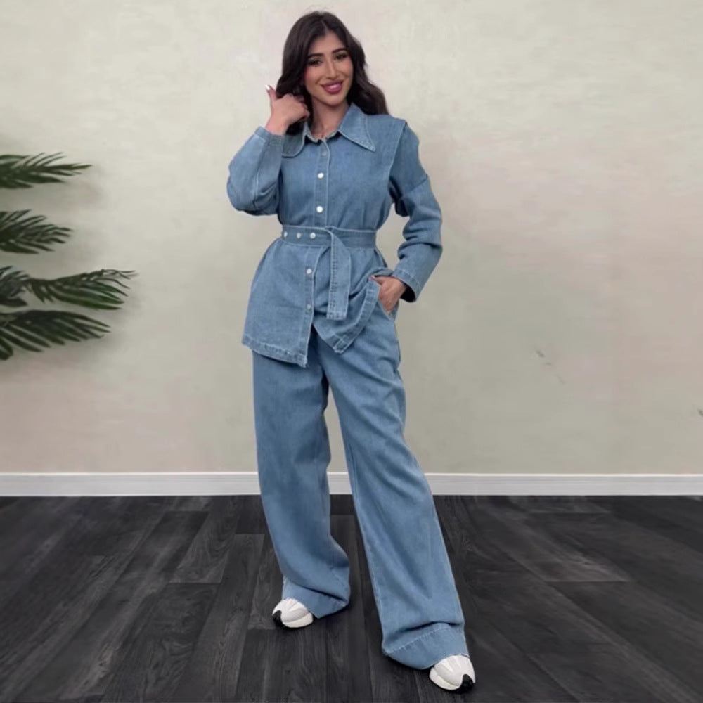 Damen Denim-Jumpsuit mit elegantem Gürtel und weitem Bein R&B