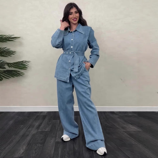 Damen Denim-Jumpsuit mit elegantem Gürtel und weitem Bein R&B