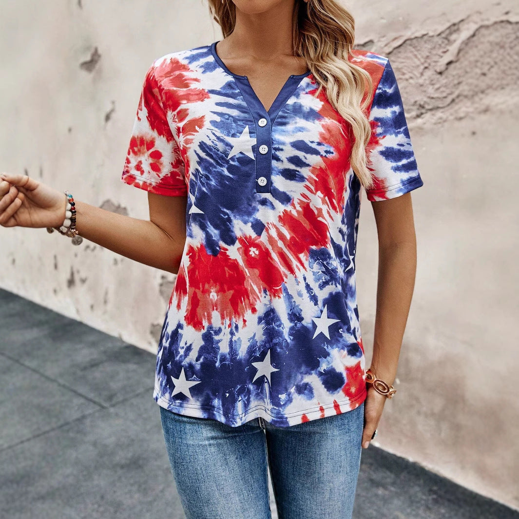 Damen Kurzarm T-Shirt mit knöpfbarem Ausschnitt und verspieltem Batik-Design R&B
