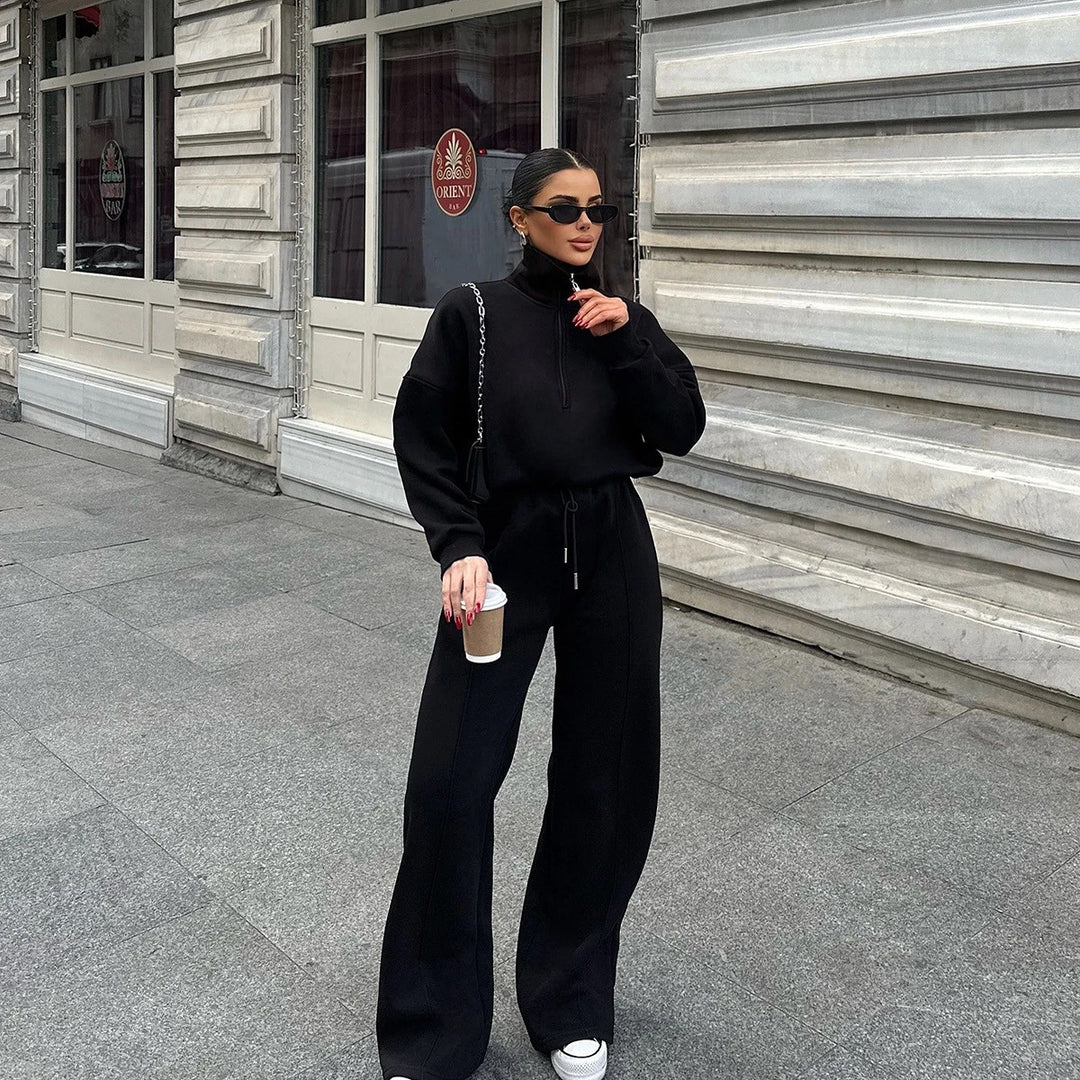 Damen sportliches Fleece-Loungewear-Set mit hohem Kragen und Reißverschluss R&B