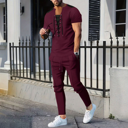Herren modisches Kurzarm-Henley-T-Shirt mit strukturiertem Design und dekorativer Schnürung R&B