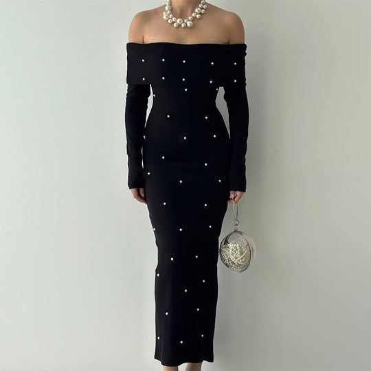 Damen schulterfreies Maxikleid mit eleganter Perlenverzierung und figurbetontem Schnitt R&B