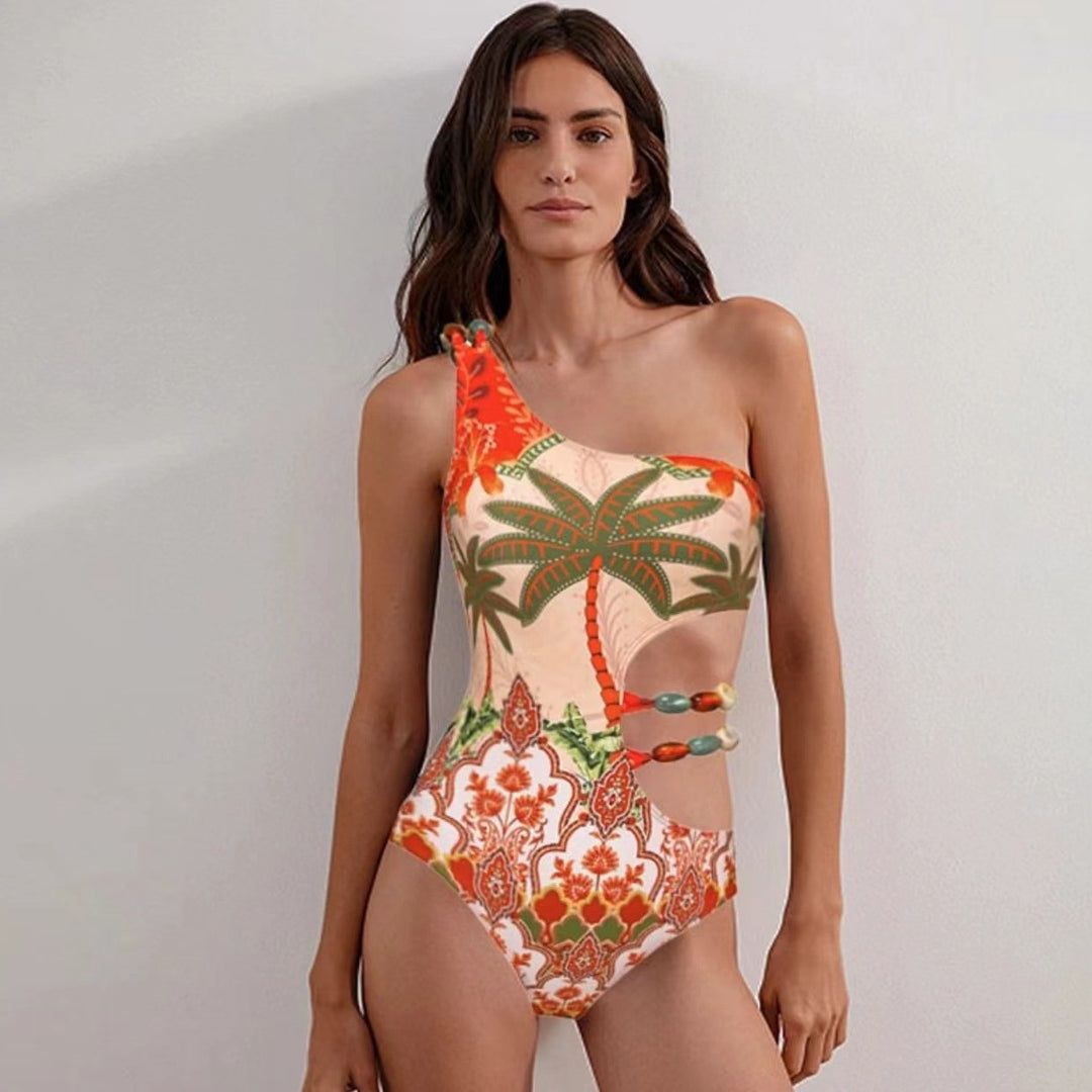 Damen Einteiler Badeanzug mit modischem Cut-Out und passendem Strandrock R&B