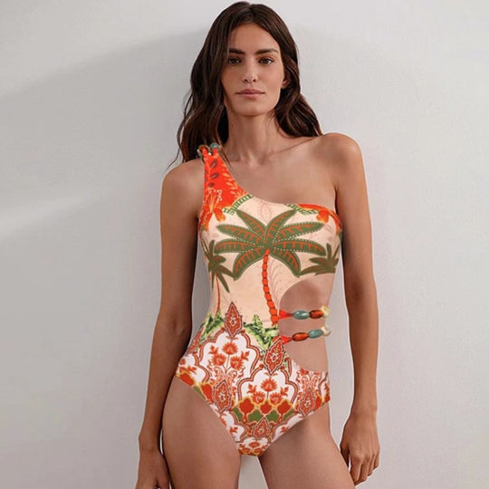 Damen Einteiler Badeanzug mit modischem Cut-Out und passendem Strandrock R&B