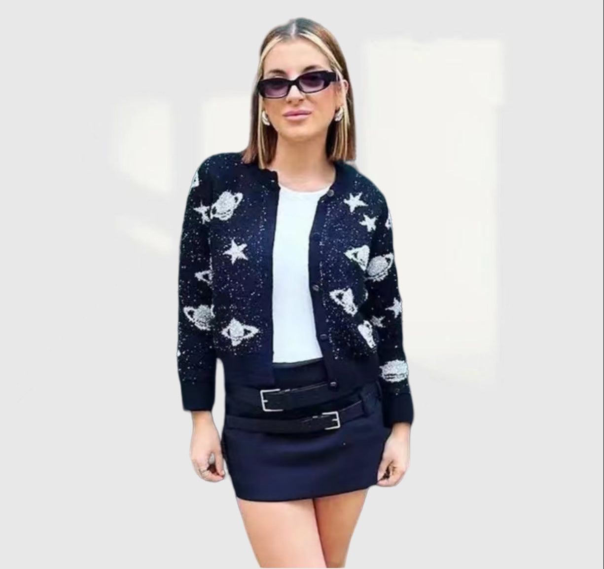 Damen modische Strickjacke mit auffälligem Sternen- und Planetenmotiv R&B