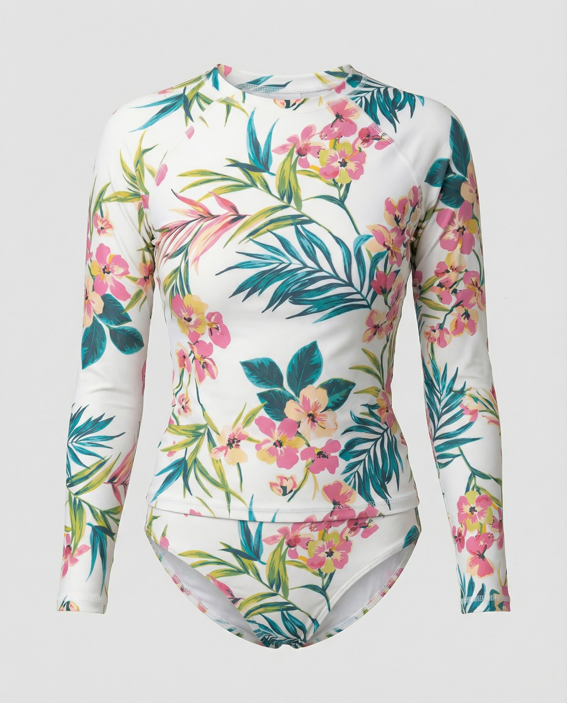 Damen Sportlicher Rashguard-Bikini-Set mit langem Arm und floralem Design R&B