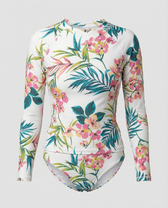 Damen Sportlicher Rashguard-Bikini-Set mit langem Arm und floralem Design R&B