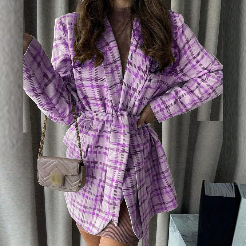 Damen Eleganter Karo-Bademantel mit Gürtel und Taschen R&B