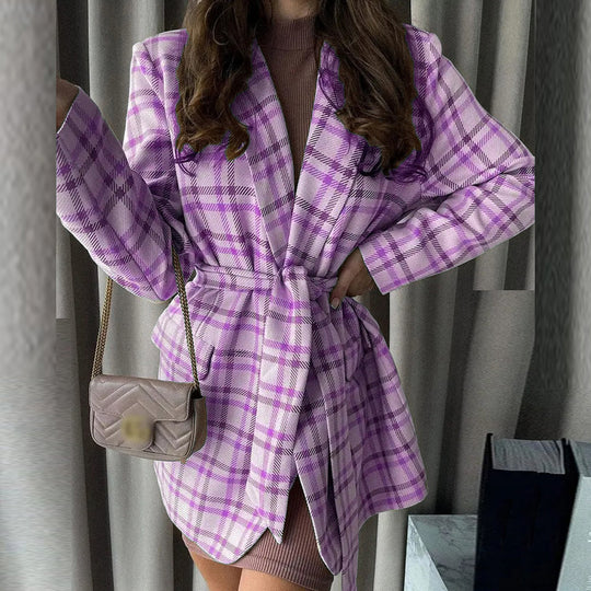 Damen Eleganter Karo-Bademantel mit Gürtel und Taschen R&B