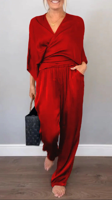 Damen Elegantes Wickeloberteil mit weitem Schnitt und passenden Palazzo-Hosen R&B