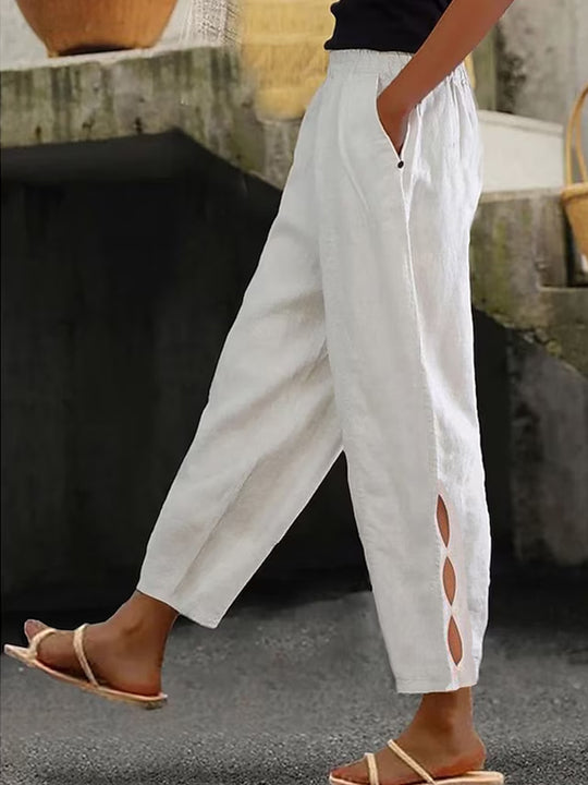Damen Leichte Leinenhose mit seitlichen Schlitzen und elastischem Bund R&B