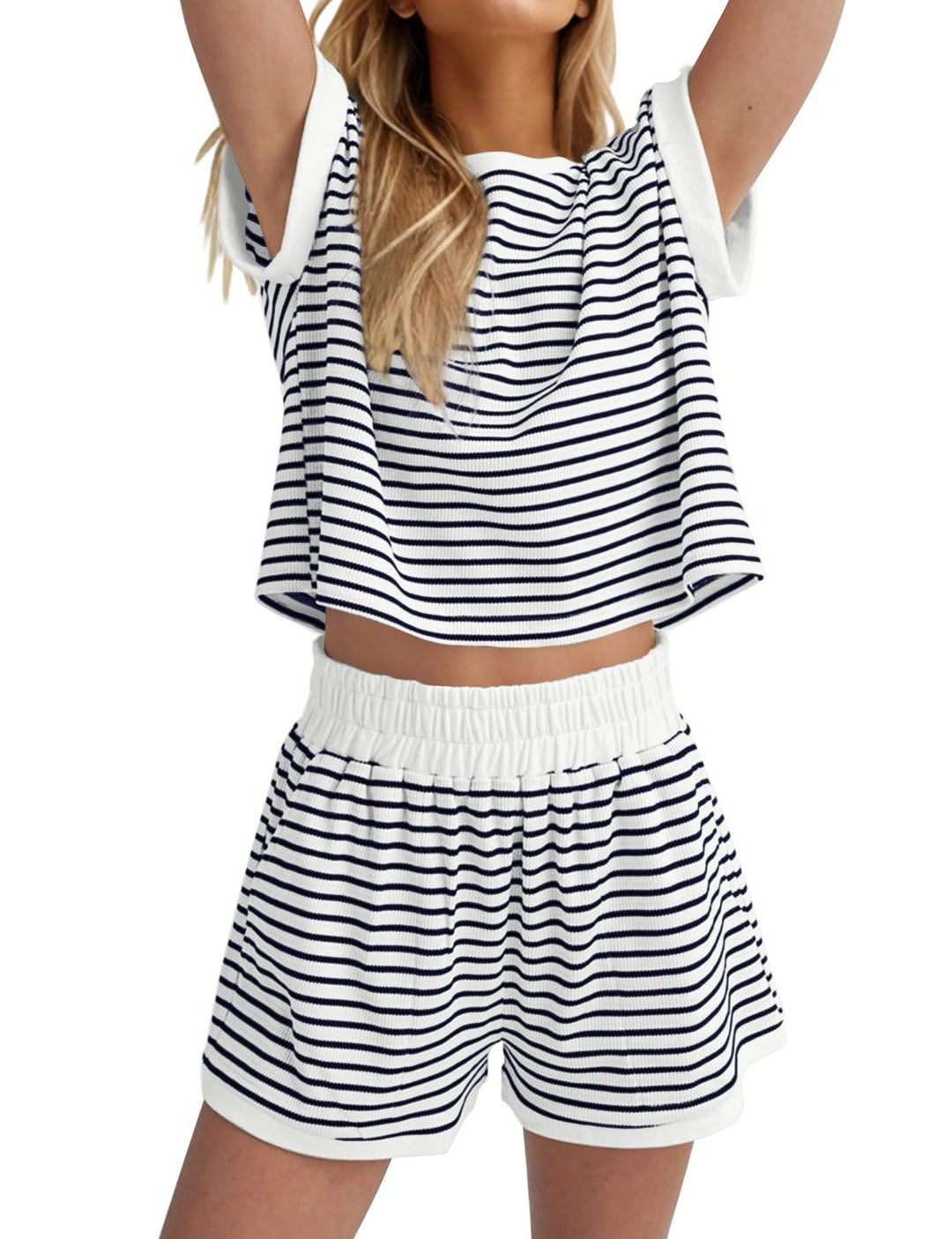 Damen Lässiges gestreiftes Set aus lockerer Oberteil und Shorts R&B