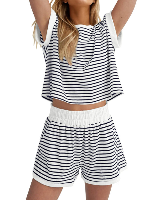 Damen Lässiges gestreiftes Set aus lockerer Oberteil und Shorts R&B