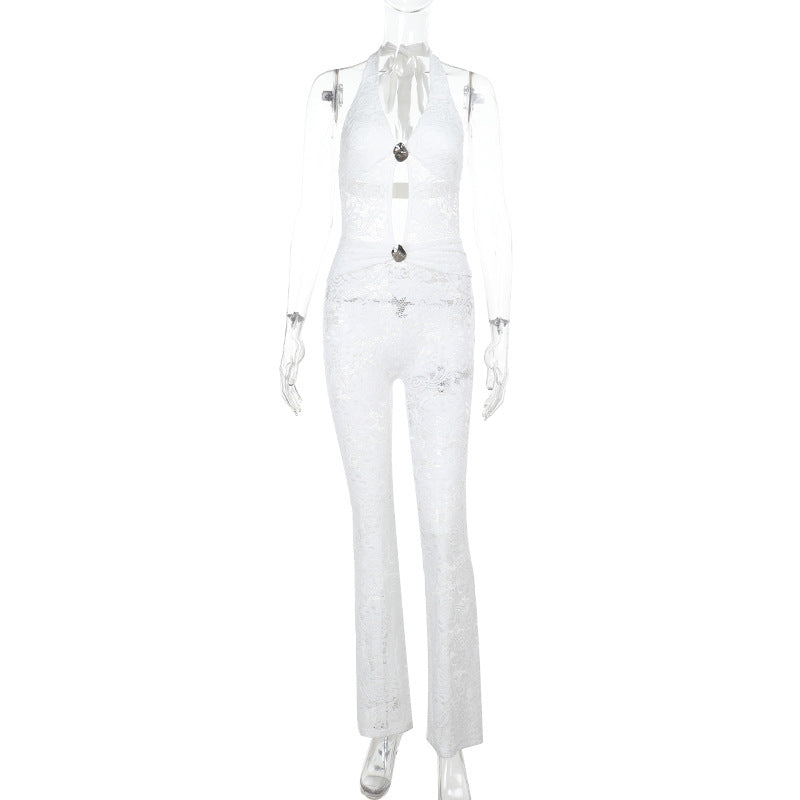 Damen Jumpsuit mit elegantem Spitzendetail und tiefem V-Ausschnitt R&B