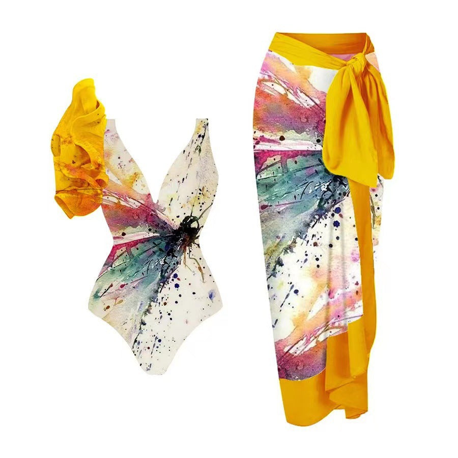 Damen Badeanzug-Set mit floralem Design und elegantem Wickelrock R&B