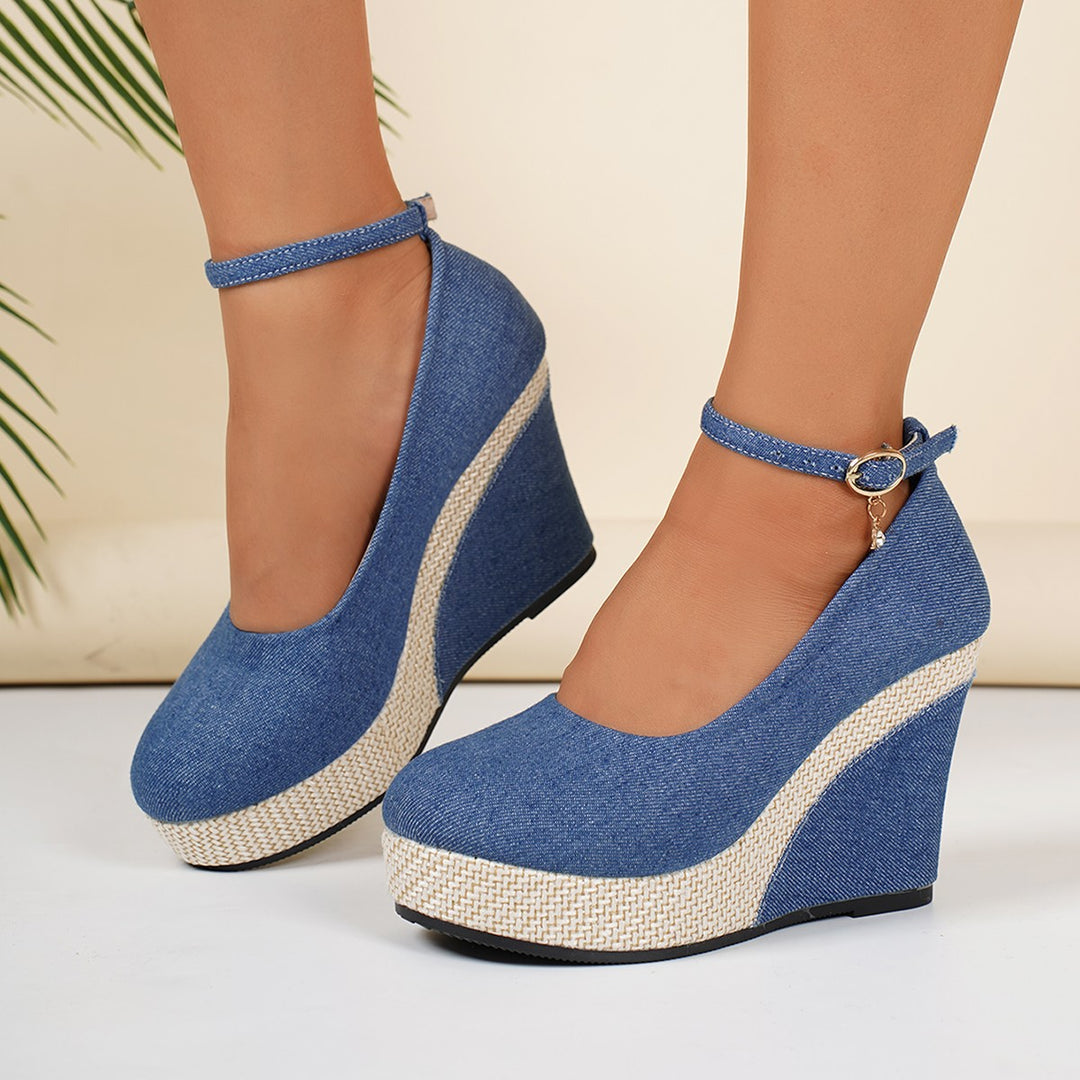 Damen Wedge-Pumps mit schnallenverziertem Fesselriemen und geflochtenem Absatz R&B