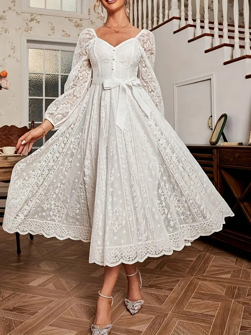 Damen Elegantes Spitze Midi-Kleid mit puffärmel und Taillenbindung R&B