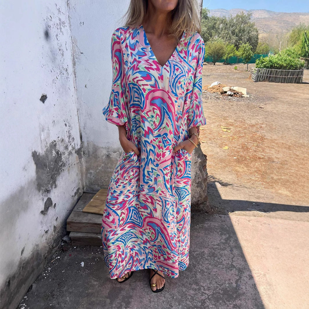 Damen Langarmkleid mit V-Ausschnitt und praktischen Taschen R&B