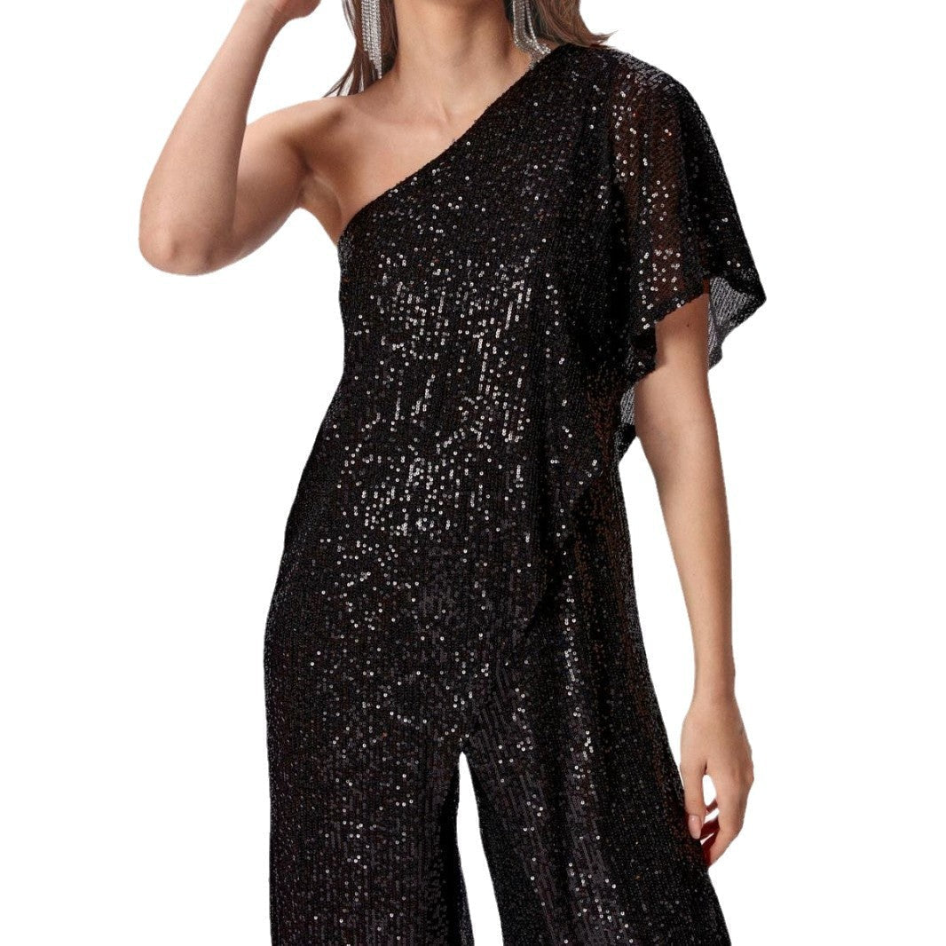 Damen Einseitiger Pailletten Jumpsuit mit Weiter Hose Heidi-Mode