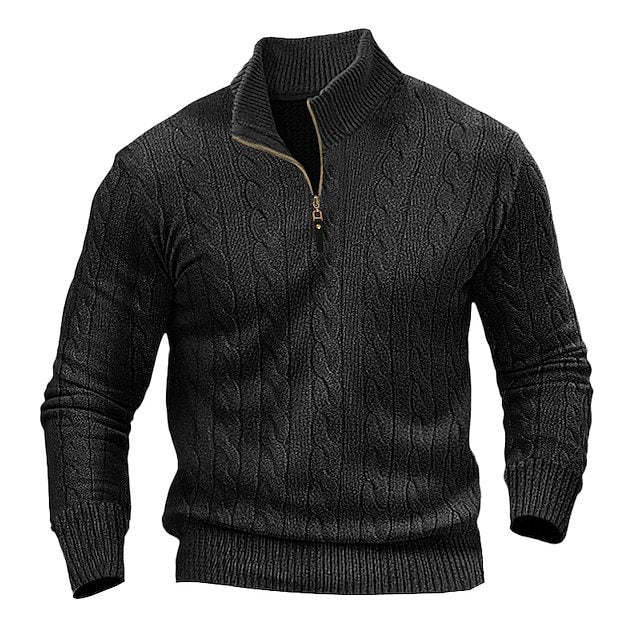 Herren stylischer Strickpullover mit halb offenem Kragen und Zopfmuster R&B