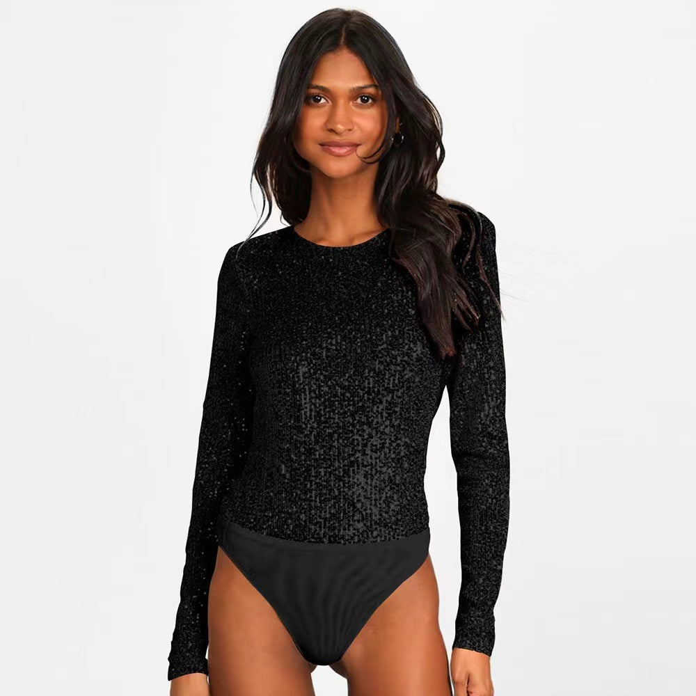 Damen Funktionsreicher Pailletten-Bodysuit mit langem Arm R&B