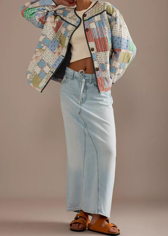 R&B | Patchwork - Baumwoll-Quilted-Jacke mit Rundhals