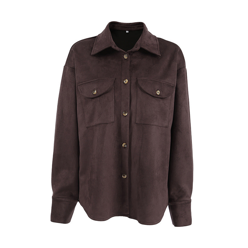 Damen Modische Suede Oversized Hemdjacke mit praktischen Taschen R&B